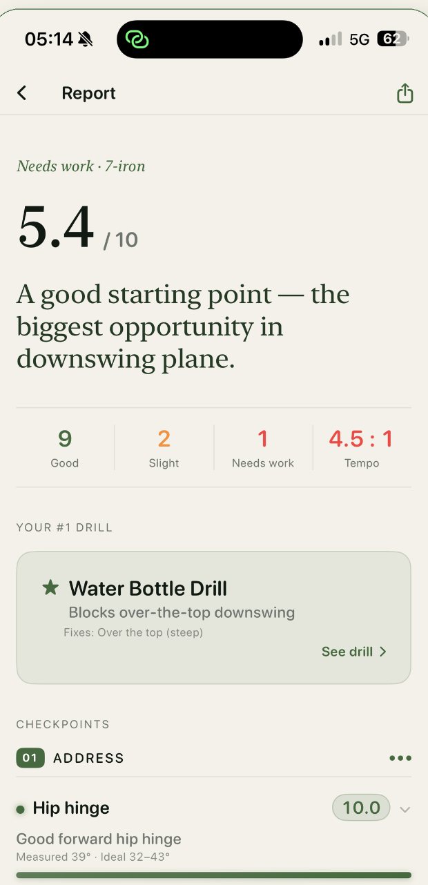 A FormCaddie swing report showing a 5.4 score, checkpoint results, and the Water Bottle Drill.