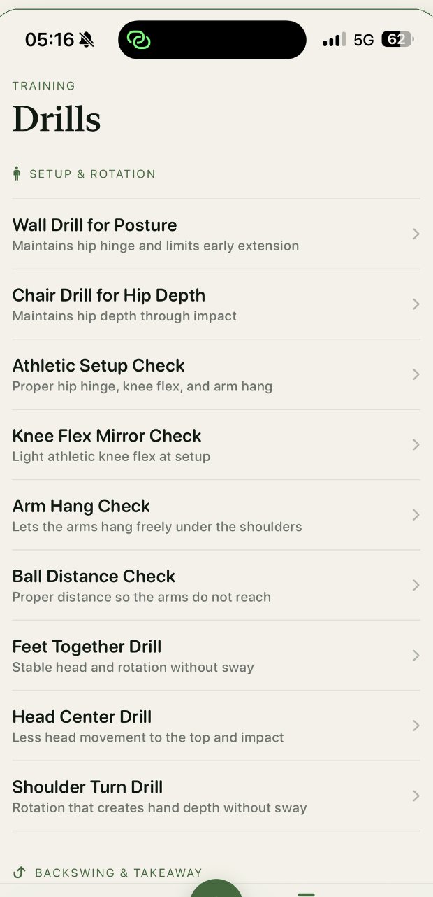FormCaddie's drill library, grouped by the part of the swing each drill improves.